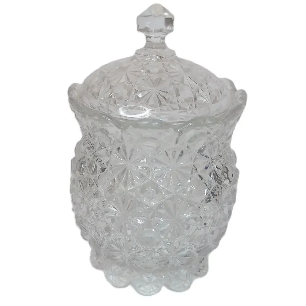 Vintage Clear Pressed Glass Trinket Jar with Lid Diamond Cut Crystal Candy Dish